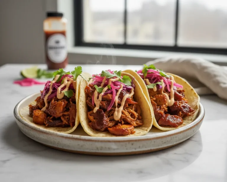 Beautiful plated Banana Peel Pulled BBQ Tacos