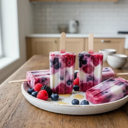 Beautiful plated Berry Yogurt Popsicles
