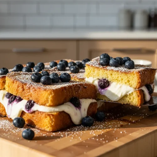 Beautiful plated Blueberry Cream Cheese French Toast