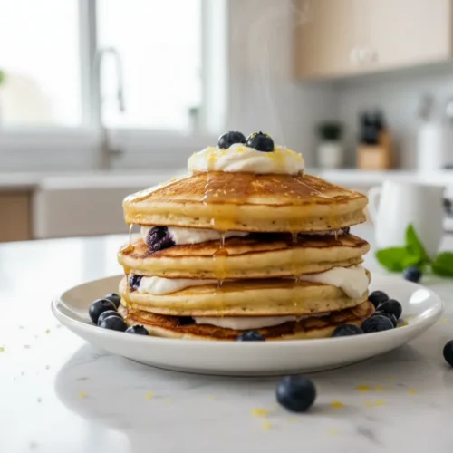 Beautiful plated Blueberry Lemon Cream Cheese Pancakes