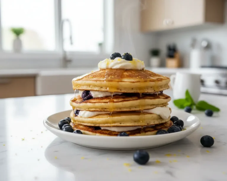 Beautiful plated Blueberry Lemon Cream Cheese Pancakes