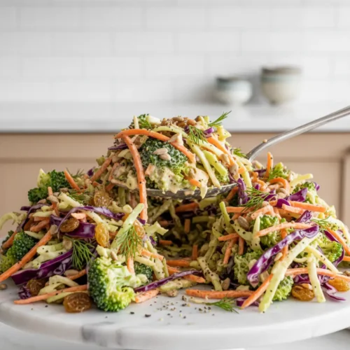 Beautiful plated Broccoli Stem Summer Coleslaw