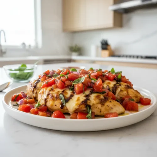 Beautiful plated Bruschetta Chicken Bake