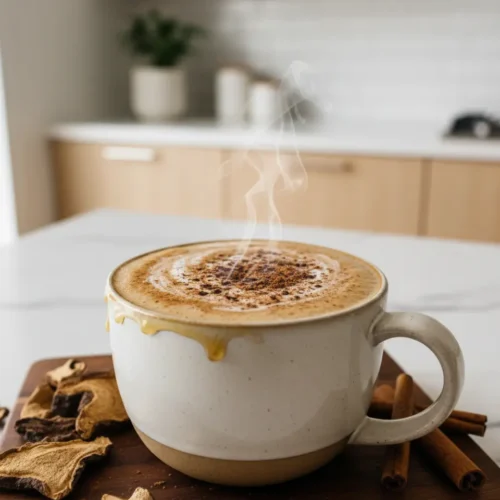 Beautiful plated Chaga Mushroom Ultimate Antioxidant Latte