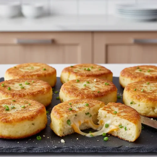 Beautiful plated Cheesy Mashed Potato Cakes