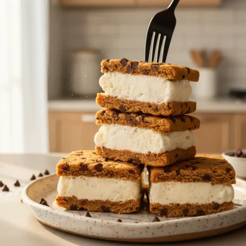 Beautiful plated Chocolate Chip Cookie Dough Ice Cream Sandwiches