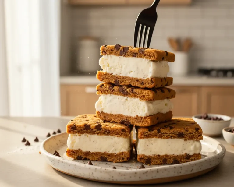 Beautiful plated Chocolate Chip Cookie Dough Ice Cream Sandwiches