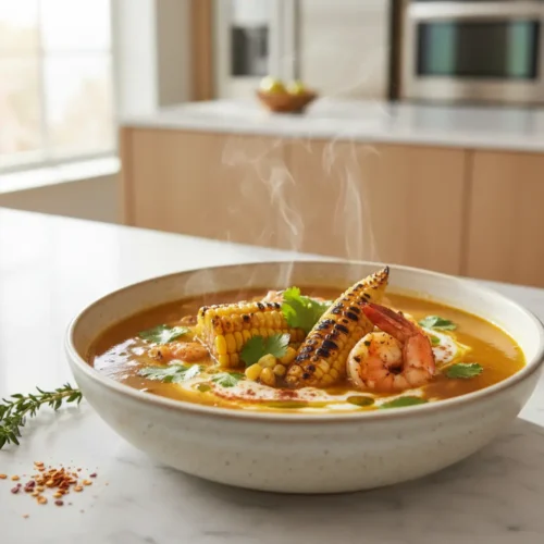 Beautiful plated Corn Cob Smoky Summer Broth