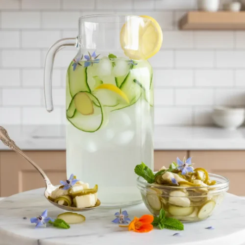 Beautiful plated Cucumber Peel Infused Water and Pickles