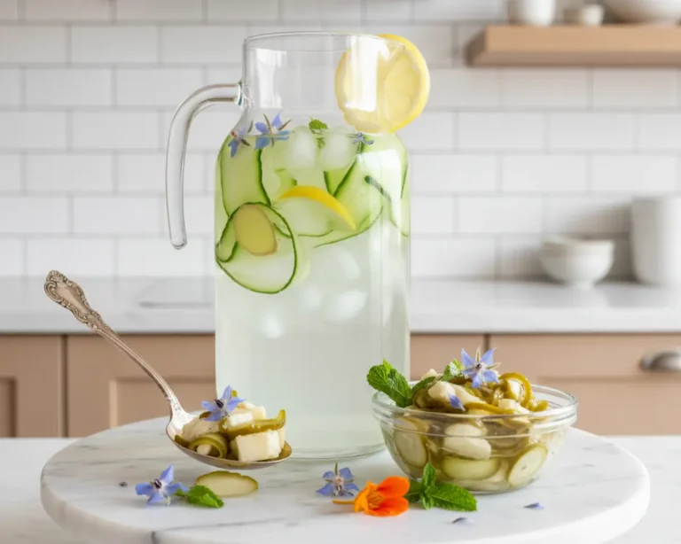 Beautiful plated Cucumber Peel Infused Water and Pickles