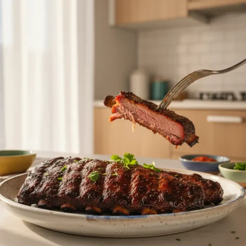 Beautiful plated Dad's Favorite BBQ Ribs