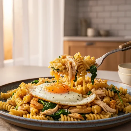 Beautiful plated End-of-Week Pasta, Rice, and Eggs Plan