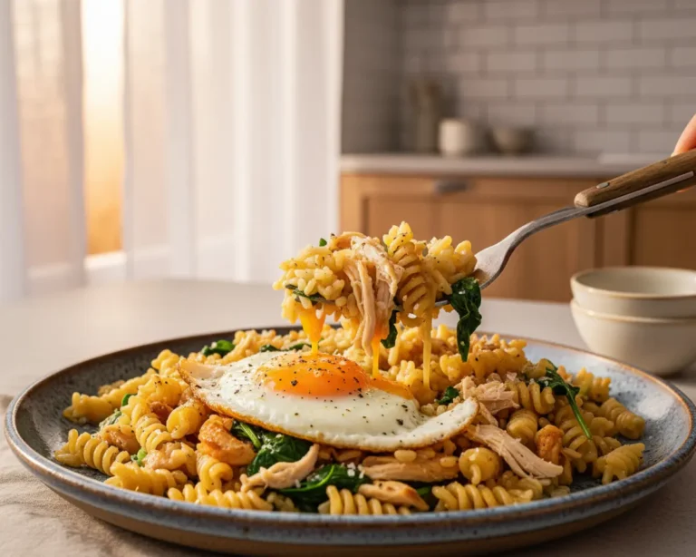 Beautiful plated End-of-Week Pasta, Rice, and Eggs Plan
