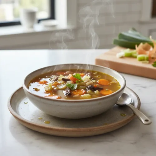 Beautiful plated Free Vegetable Broth from Kitchen Scraps