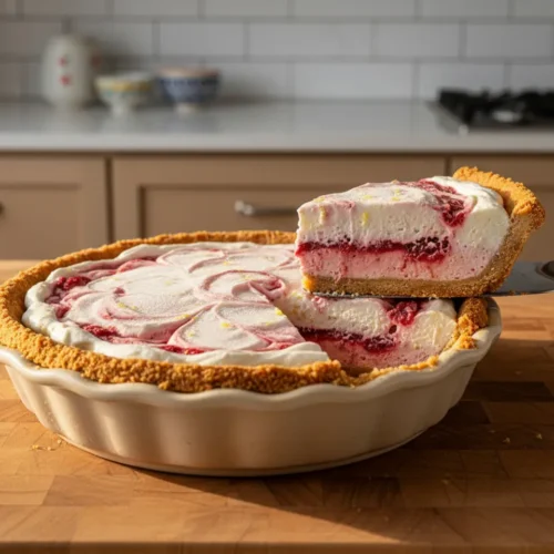 Beautiful plated Frozen Strawberry Lemonade Pie