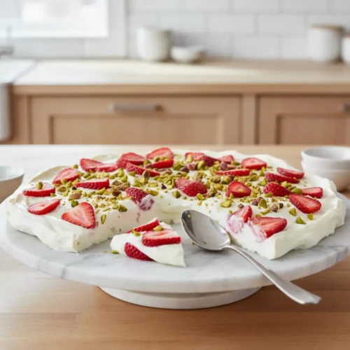 Beautiful plated Frozen Yogurt Bark with Berries
