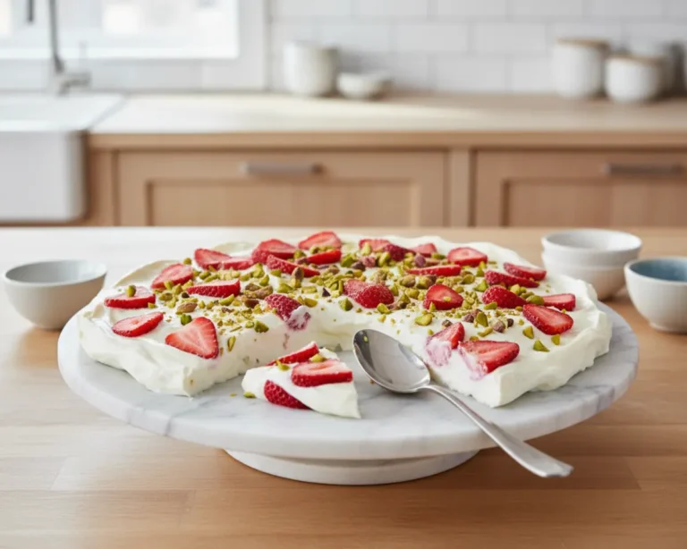 Beautiful plated Frozen Yogurt Bark with Berries