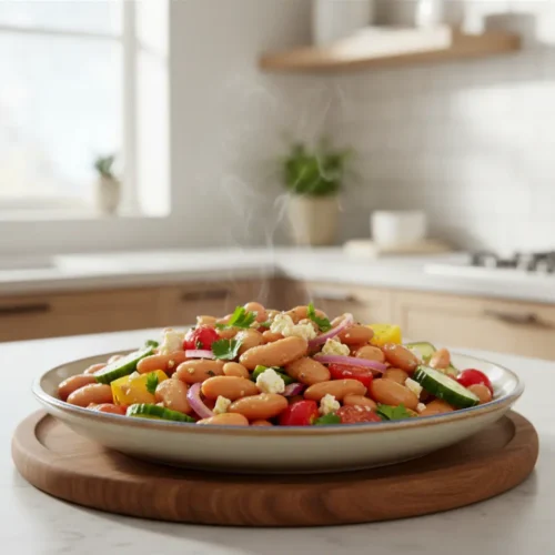 Beautiful plated greek dense bean salad recipe