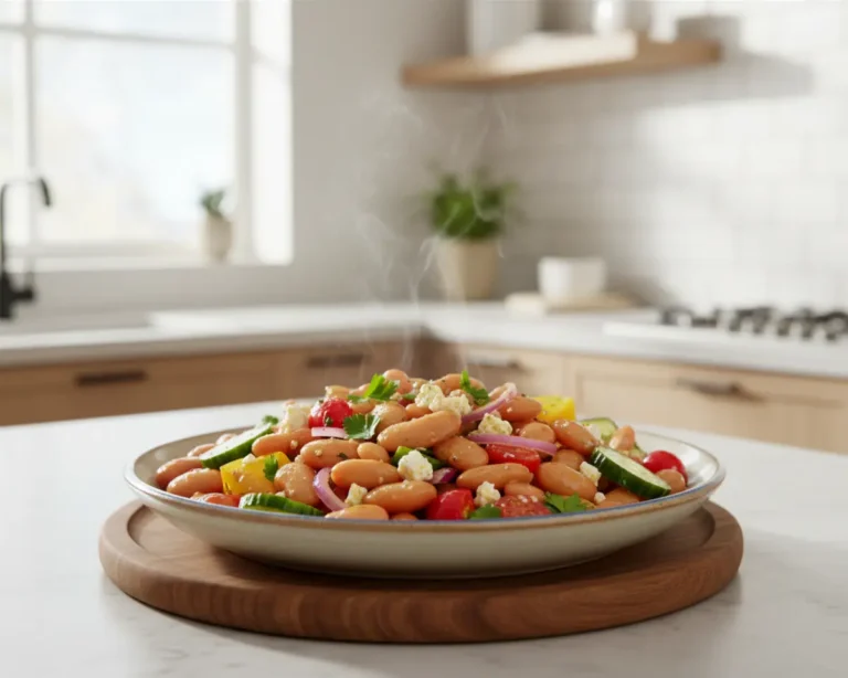 Beautiful plated greek dense bean salad recipe