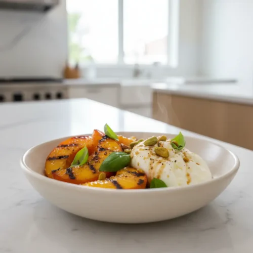 Beautiful plated Grilled Peach Burrata Salad