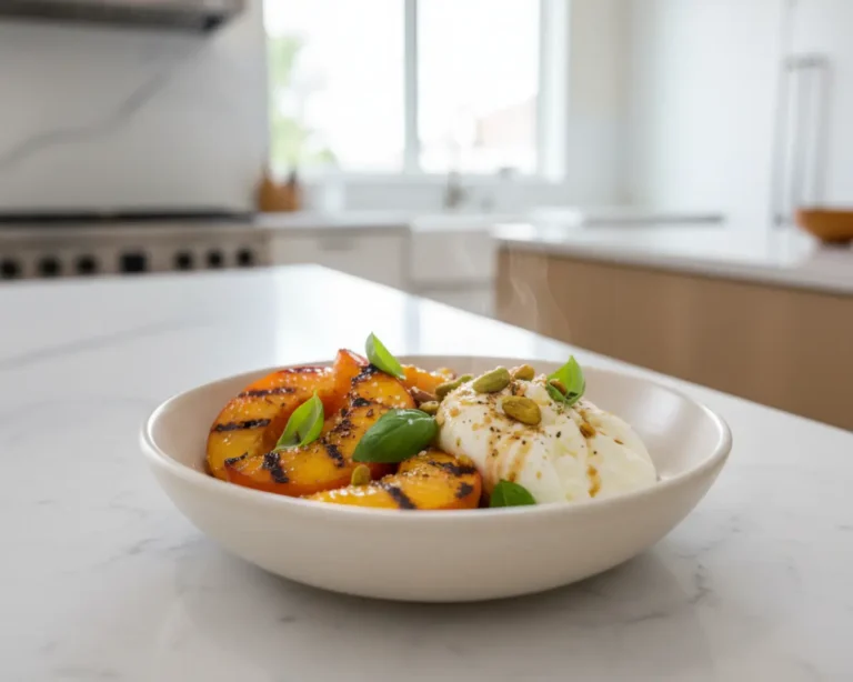 Beautiful plated Grilled Peach Burrata Salad