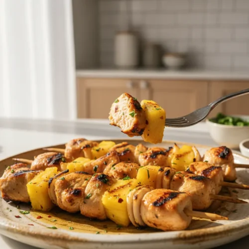Beautiful plated Grilled Pineapple Chicken Skewers