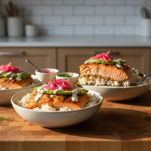 Beautiful plated Grilled Salmon Rice Bowls