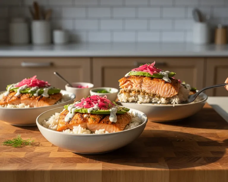 Beautiful plated Grilled Salmon Rice Bowls
