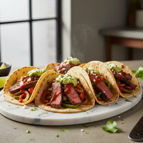Beautiful plated Grilled Steak Fajita Tacos