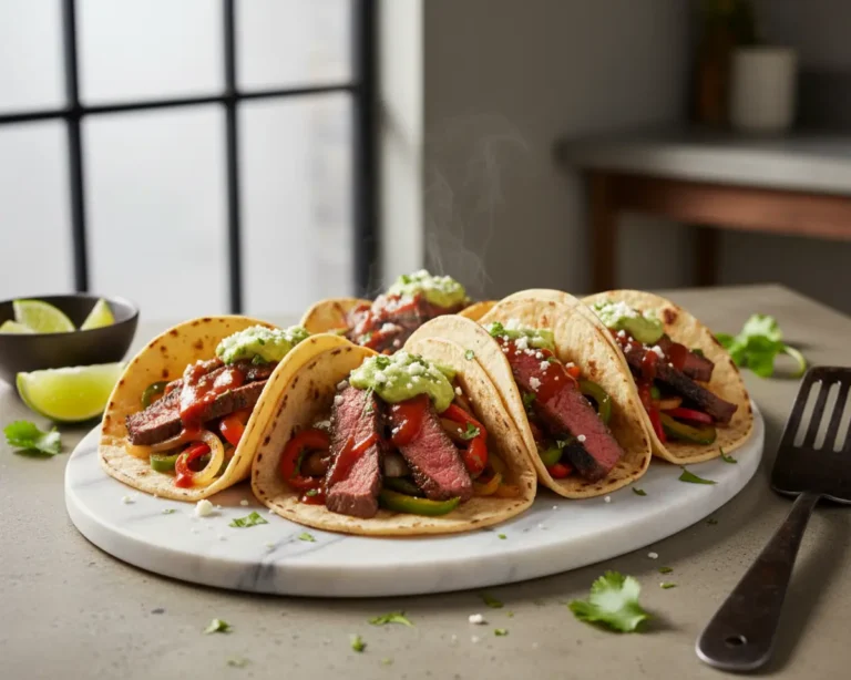 Beautiful plated Grilled Steak Fajita Tacos