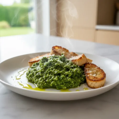 Beautiful plated Herb Stem Pesto: Waste Nothing Green