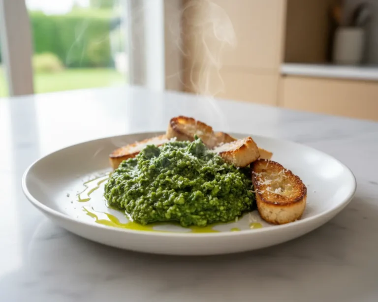 Beautiful plated Herb Stem Pesto: Waste Nothing Green