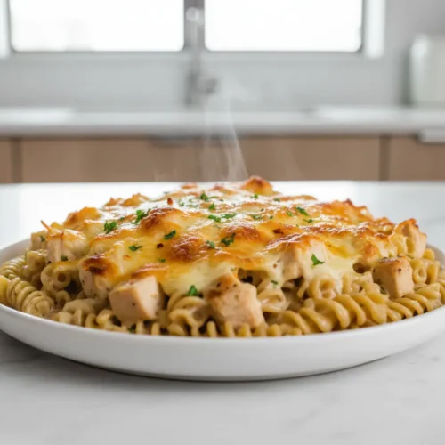Beautiful plated High-Protein Chicken Alfredo Bake