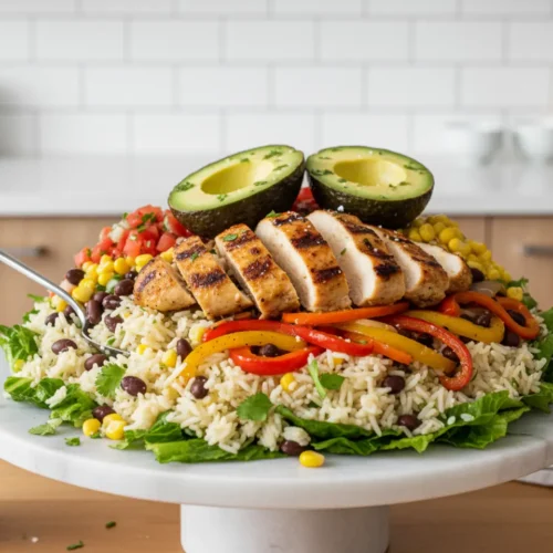Beautiful plated High-Protein Chicken Burrito Bowls