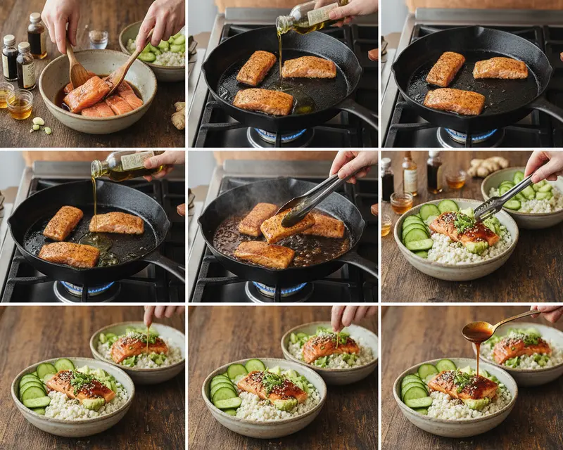 Easy Honey Garlic Salmon Bowls with Rice and Veggies 3 cooking process