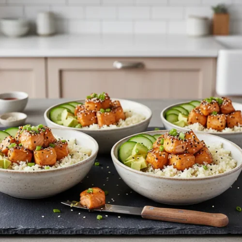 Beautiful plated Honey Garlic Salmon Bowls