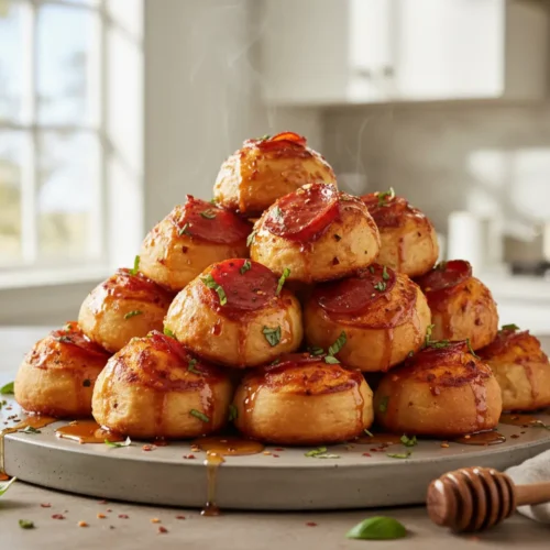 Beautiful plated Hot Honey Pepperoni Pizza Rolls