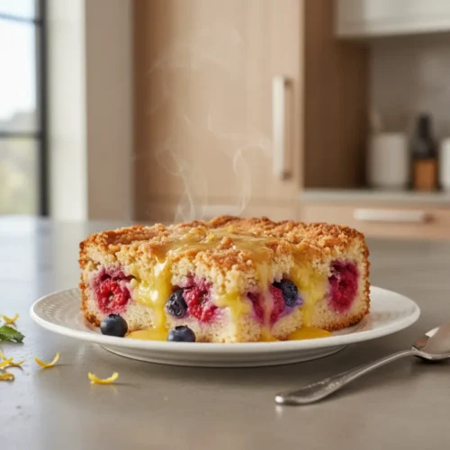 Beautiful plated Lemon Berry Dump Cake