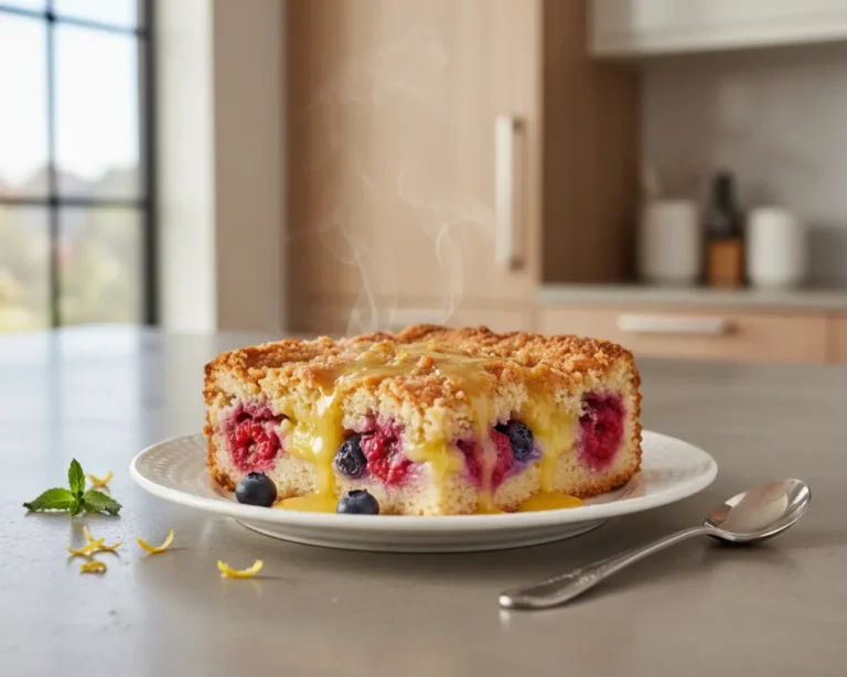 Beautiful plated Lemon Berry Dump Cake
