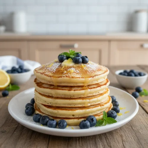 Beautiful plated Lemon Ricotta Blueberry Pancakes