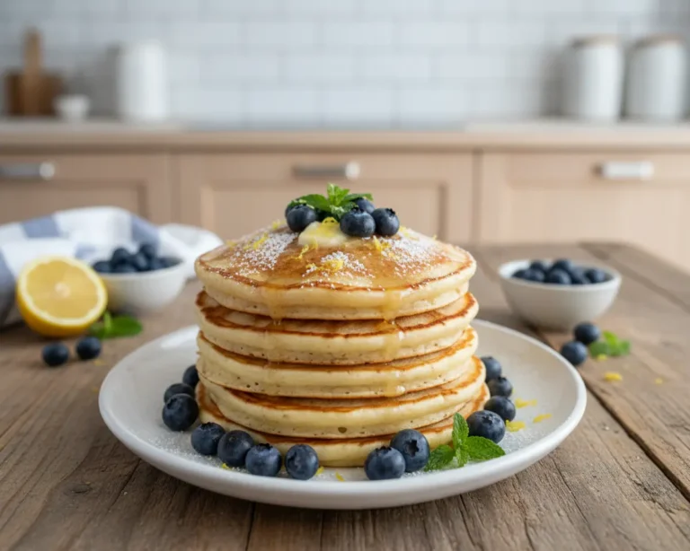 Beautiful plated Lemon Ricotta Blueberry Pancakes