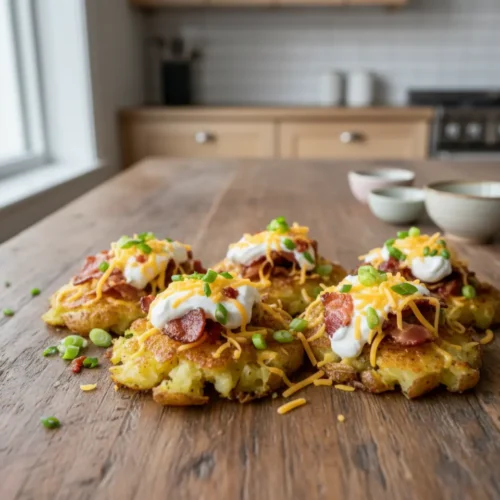 Beautiful plated Loaded Smashed Potato Bites