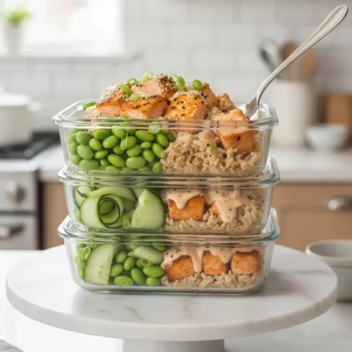 Beautiful plated Meal Prep Sweet Chili Salmon Bowls