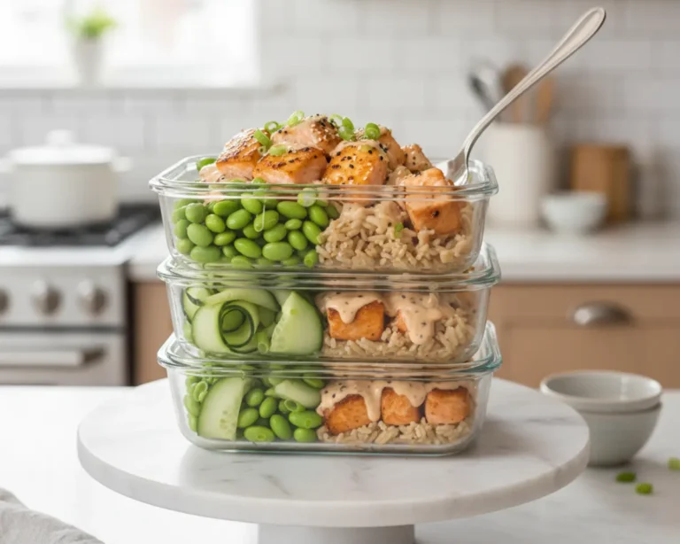 Beautiful plated Meal Prep Sweet Chili Salmon Bowls