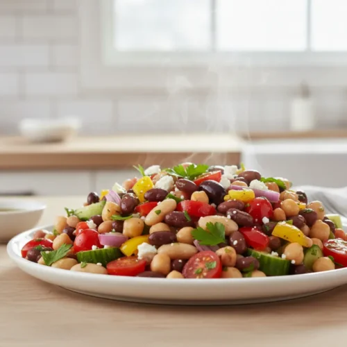Beautiful plated mediterranean dense bean salad recipe