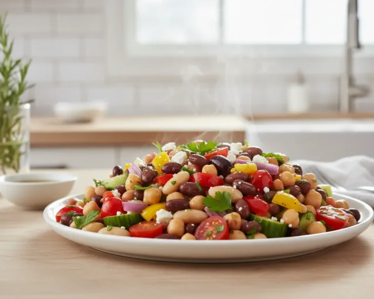 Beautiful plated mediterranean dense bean salad recipe