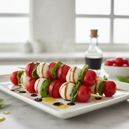 Beautiful plated Mini Caprese Skewers