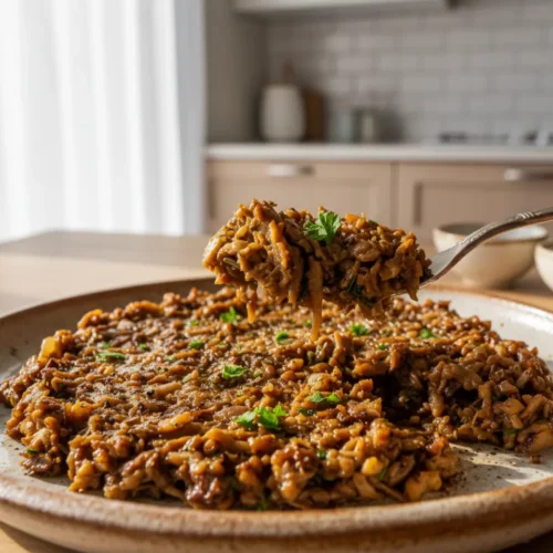 Beautiful plated Mushroom Stem Duxelles: Gourmet from Scraps