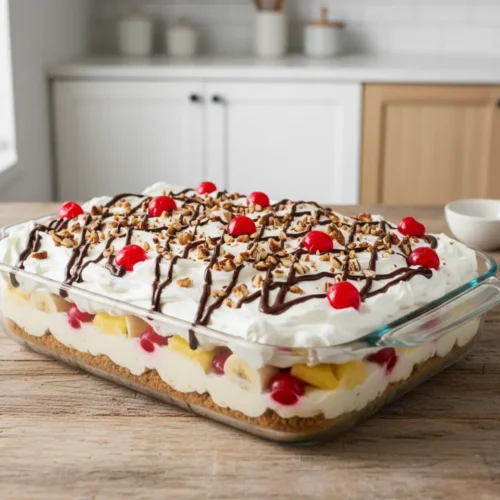 Beautiful plated No-Bake Banana Split Icebox Cake