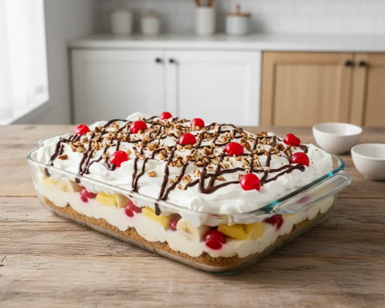 Beautiful plated No-Bake Banana Split Icebox Cake